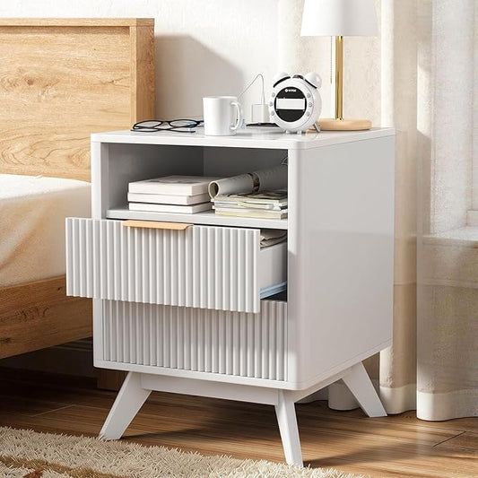 Modern Nightstand,Side Table with Charging Station,Bedside Tables with Drawer,Mid-Century End Tables Set (1-Piece),White
