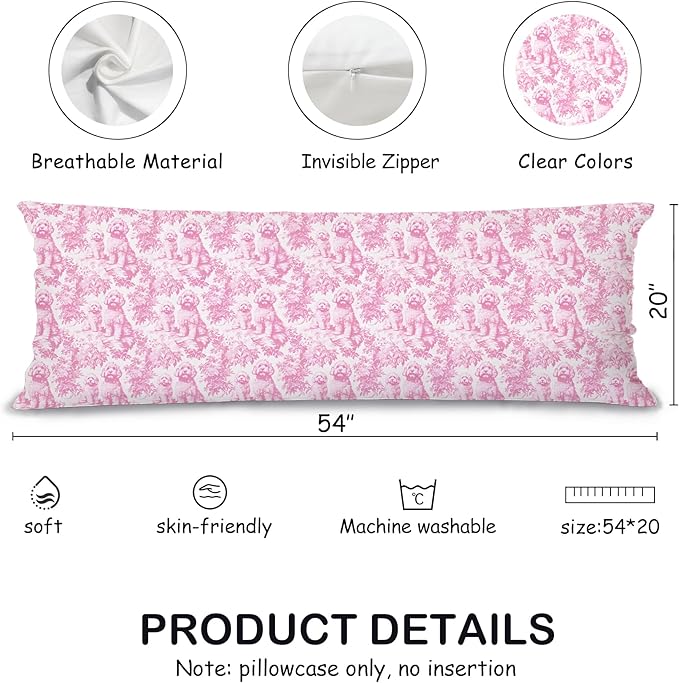Pink Chinoiserie Poodle Dog 20x54 Body Pillow Cover with Zipper,Poodle Decor,Grandmillennial Pink Dog Decorative Body Pillow Cases for Bed Couch