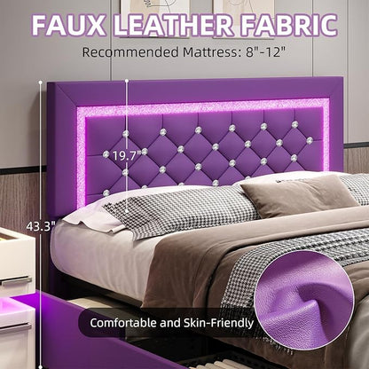BarnFurin Queen Size Bed Frame with Headboard, Faux Leather Upholstered Bed with Diamond Tufted Design, Mordern Bed Frame with Wooden Slats Suppor, No Box Spring Required, Easy Assembly, Purple