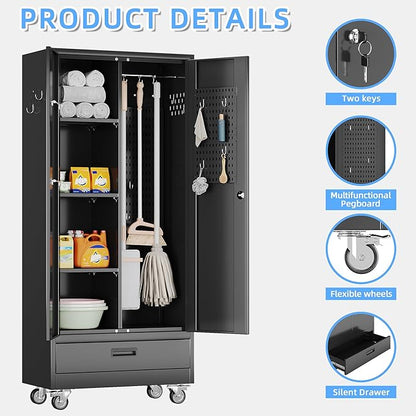 31.5 in Wide Garage Storage Cabinet with Wheels, Metal Storage Cabinet with 1 Drawer and 3 Adjustable Shelves for Home Offices, Gyms and Pantries, Black