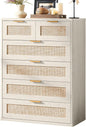 LEYAOYAO White Dresser for Bedroom, 41" Tall Chest of Drawers, Modern 6 Drawers Boho Rattan Dressers with Storage, Dresser Wooden Closet Organizer for Living Room, Hallway