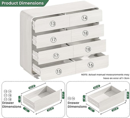 47’’ Wide Dresser with 8 Drawers, White Chest of Drawers with Deep Drawers & Handleless, Wooden Storage Organizer for Bedroom, Living Room, Hallway
