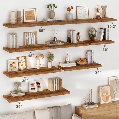 Vivelove 10 Inch Deep Floating Shelves 55 inch Long, 55 x 10 Wide Wall Shelves with Invisible Brackets, for Bedroom Bathroom Living Room Kitchen Office, Farmhouse Home Decor, Set of 2, Rustic Brown