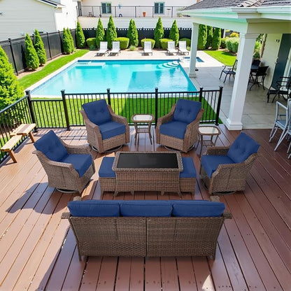 10 Piece High Back Outdoor Patio Furniture Set - Patio Conversation Set with Swivel Rocker Outdoor Chairs Set of 4 and 3 Seater Sofa, Wicker Ottoman and Coffee Table for Garden Backyard