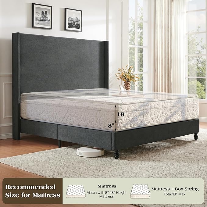 King Bed Frame with 65" Tall Headboard, Horizontal Fine Corduroy Bed Frame with Wingback, Upholstered Platform Bed, Vintage Solid Wood Gourd Legs, No Box Spring Needed, Black