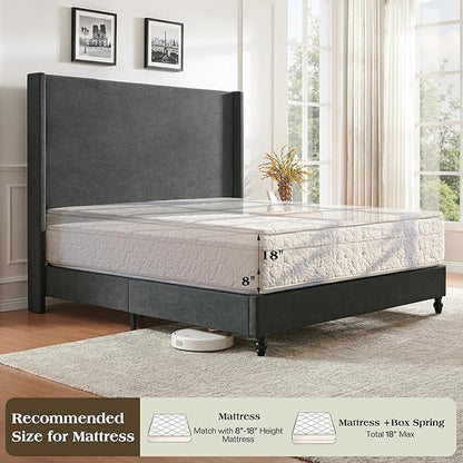 Queen Bed Frame with 63" Tall Headboard, Horizontal Fine Corduroy Bed Frame with Wingback, Upholstered Platform Bed, Vintage Solid Wood Gourd Legs, No Box Spring Needed, Black