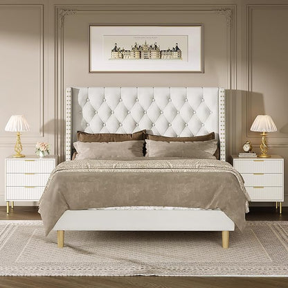 Queen Bed Frame White Velvet, 47.2" Tall Wingback Headboard with Gold Nailhead Trim, Upholstered Platform Bed with Diamond Tufting, 1000lbs Heavy Duty Support, No Box Spring Needed
