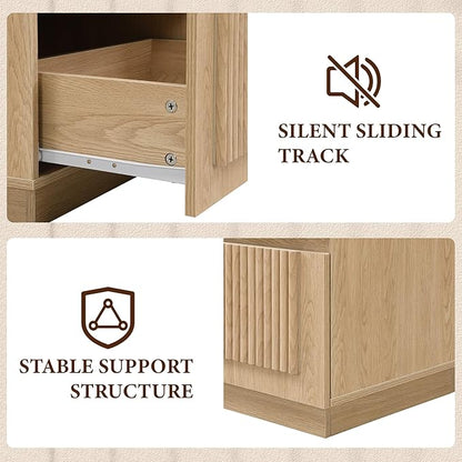 Yechen Nightstand with Drawers, Modern Arched Reeded Wood Nightstand with Charging Station, Wooden Night Stand with Storage,Bedside End Tables for Bedroom, Natural