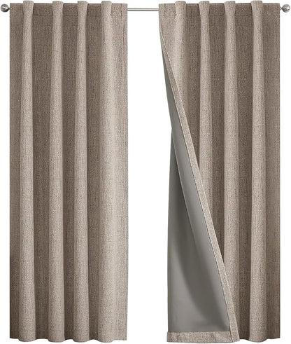 Joydeco 100% Blackout Curtains for Bedroom - Natural Linen Curtains 42" Wx 63" L Long, Thermal Insulated 2 Panels Linen Light Blocking Drapes, Rod Pocket & Back Tabs for Living Room