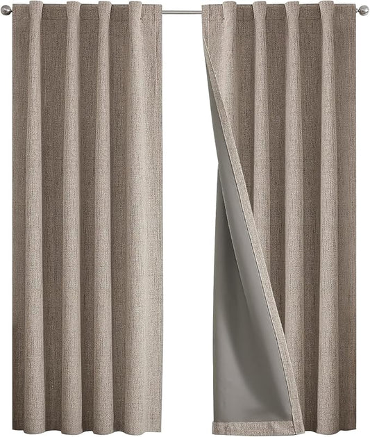Joydeco 100% Blackout Curtains for Bedroom - Natural Linen Curtains 42" Wx 63" L Long, Thermal Insulated 2 Panels Linen Light Blocking Drapes, Rod Pocket & Back Tabs for Living Room