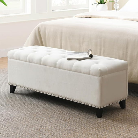 47.5“ Storage Ottoman Bench, Upholstered Button-Tufted End of Bed Bench with Soft-Close Hinge & Solid Wood Legs, Foot Rest for Living Room, Bedroom, Hallway (Linen, White)