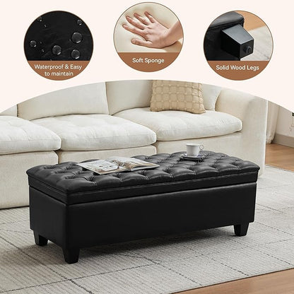 50" Faux Leather Storage Ottoman Bench, Upholstered Rectangle End of Bed Storage Ottoman Tufted Living Room Bedroom Bench with Safety Hinge, Solid Wood Legs, Loads 500 lb(Black)
