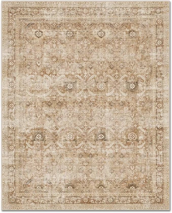 Washable 3x5 Entryway Rug, Boho Non-Slip Vintage Distress Small Rugs for Kitchen Nursery Office Bedroom, 0.3" Neutral Oriental Throw Thin Carpet with Cushioning Pad, Brown/White/Multi