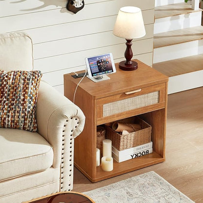 LEYAOYAO Rattan Nightstands Set of 2 with Charging Station, Natural Wood Night Stand with Drawer, 23" Wide Boho Bedside Table Open Cabinet, Bed Side Table Dresser for Bedroom, Living Room, Entrance
