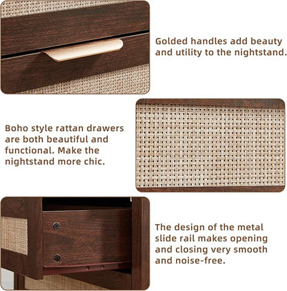 LEYAOYAO 31.5" Wide Rattan Night Stand, Oversized Large Walnut Nightstand with 2 Drawer, Boho Bed Side End Tables with Storage Shelf, Tall Bedside Table for Bedroom Living Room, Hallway