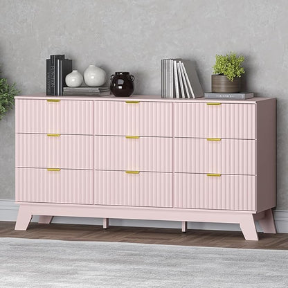 Fluted 9 Drawer Dresser, 57.1" Wide Modern Boho Chest of Drawers, Wooden Storage Dresser TV Stand for Bedroom, Living Room, Closet, Hallway, Curved Profile Design