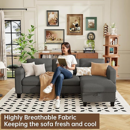 ZeeFu Sectional and Sofa Couches for Living Room - 78'' 3 Seater L-Shaped Modular Couch with Storage Ottoman - Modern Linen Fabric Upholstered Sofa Set for Small Space Apartment Office