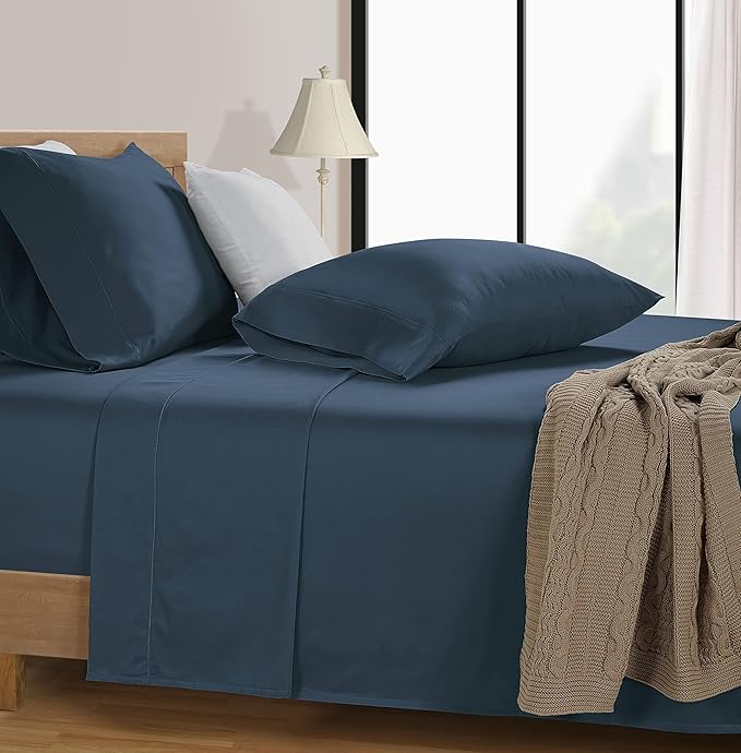 LANE LINEN California King Sheets Sets - 4 PCs. 600 Thread Count Cal King Sheet Set - 100% Cotton Sheets Cal King - Ultra Soft, Sateen Weave California King Bed Sheets Set - Denim