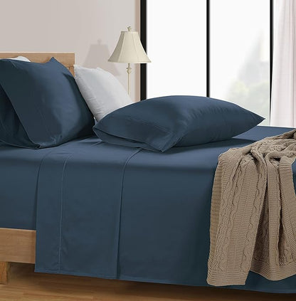 LANE LINEN 100% Cotton 600 Thread Count Twin XL Bed Sheets Set - Fully Elasticized, Cotton Sheets Twin XL Size Bed Set - Soft & Comfy Perfect for Dorm Room, Luxury Hotel Style Sheet - Dark Denim
