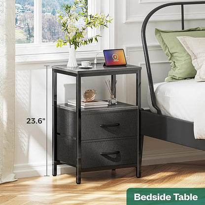 Huuger Nightstand with Charging Station, Side Table with Fabric Drawers, End Table with Open Shelf, Bedside Table with USB Ports and Outlets, Night Stand for Bedroom, Charcoal Gray | with Open Shelf, for Bedroom