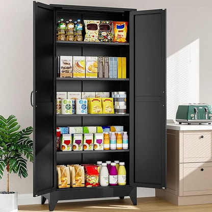 SISESOL 75" Tall Pantry Cabinet,Farmhouse Kitchen Pantry Storage Cabinets with 2 Doors and 4 Shelves,Black Metal Storage Cabinet,Large Cupboard for Home,Kitchen,Dining/Living Room