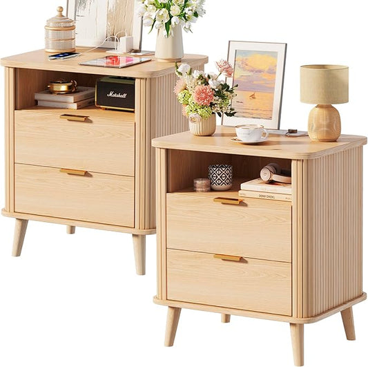 Fluted Nightstands Set of 2, Mid Century Modern Bedside Table with Drawer & Open Shelf, Curved Profile Design, Night Stand with Charging Station, End Side Table with Storage for Bedroom, Oak