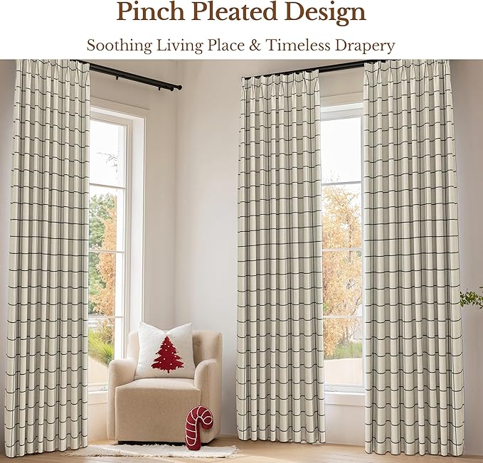 Plaid Pinch Pleated Curtains - Modern Luxury Linen Buffalo Blackout Drapes, Thermal Insulated Double Layer Window Panels for Living Room Bedroom, 95 Inches Long Black 2 Panels Set