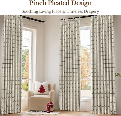 Plaid Pinch Pleated Curtains - Modern Luxury Linen Buffalo Blackout Drapes, Thermal Insulated Double Layer Window Panels for Living Room Bedroom, 84 Inches Long Black 2 Panels Set