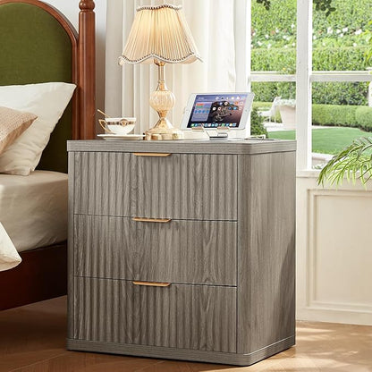 LEYAOYAO 48" Wide Fluted Dresser and 3 Drawers 23" Nightstand Set of 2, Wooden Dresser & Night Stand with Charging Station, 3 Piece Bedroom Furniture Set, Chest of Drawer for Living Room,Grey