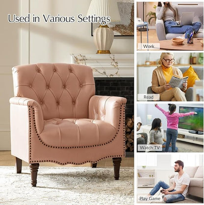 HULALA HOME Mid Century Modern Leather Club Chairs, Top-Grain Genuine Leather Armchairs with Button-Tufted Back & Solid Wood Legs, Accent Chairs for Living Room/Bedroom/Home Office, Pink