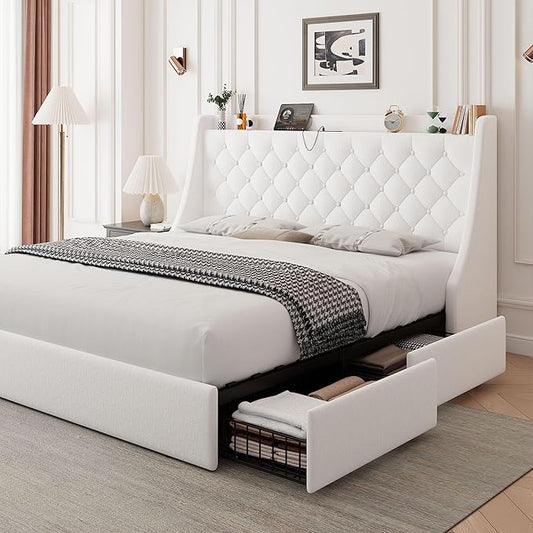 Feonase Upholstered Full Size Bed Frame with 4 Storage Drawers, Charging Station, Tufted Wingback Storage Headboard, No Box Spring Needed, Easy Assembly, White