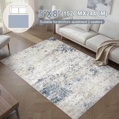 Area Rug Living Room Rugs - 5x8 Abstract Large Soft Indoor Washable Rug Neutral Modern Low Pile Carpet for Bedroom Dining Room Farmhouse Home Office - Beige Blue