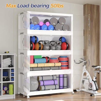 640QT Plastic Stackable Storage Bins with Lid, 160GAL Extra Large Collapsible Box with Wheels Clear Door, Foldable Closet Organizer Container Cabinet Drawer for Home Kitchen，4Pack, White