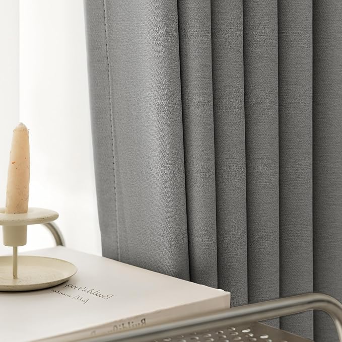 100% Blackout Curtains 96 inch Length 2 Panels for Living Room, Linen-Look Textured Room Darkening Thermal Insulated Noise Reduction Farmhouse Drapes for Bedroom (W52xL96, Grey)