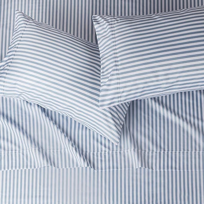 Amazon Basics Lightweight Super Soft Easy Care Microfiber 4 Piece Bed Sheet Set With 14-inch Deep Pockets - Queen, Dusty Blue Pinstripe,Printed