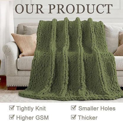 Chunky Knit Throw Blanket 50"X 60", 100% Handmade with Soft Chenille Yarn, 4.4lbs Thick Cable Knitted Blankets, Large Rope Knot Crochet Throws for Couch Sofa Bed Home Decor, Olive Green