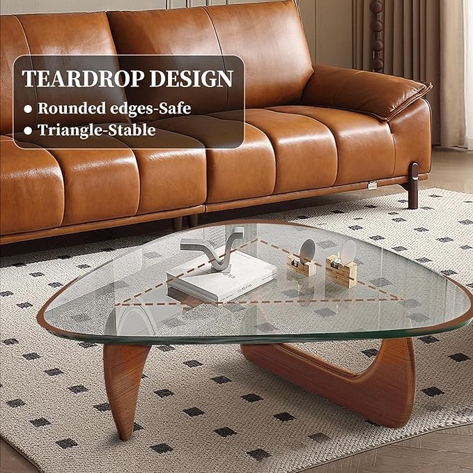 Glass Coffee Table, Mid Century Modern Coffee Table, Coffee Table for Living Room Center Table Suitable for Bedroom Living Room Reception Office Tables (Walnut/Transparent, Large)