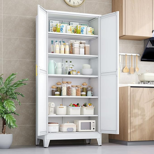 Kitchen Pantry Storage Cabinet with Doors and Adjustable Shelves, Metal ClosetMaid Food Pantry Cabinets, 75" Tall Freestanding Cupboard for Kitchen, Laundry or Utility Room, White
