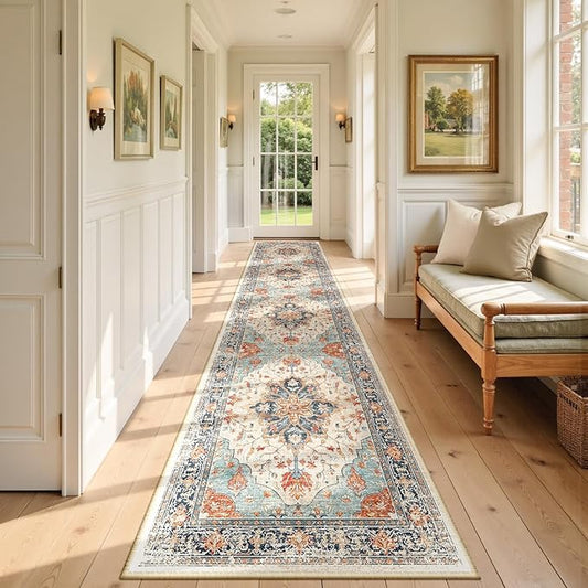 Area Rugs 3'x12' Washable Non-Slip, Floral Vintage Distress Print Pattern Medallion Carpet for Living Room Bedroom Dining Room, Beige Navy Blue Orange Colorful