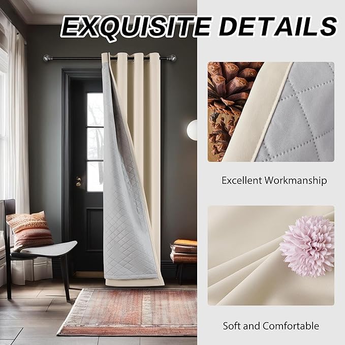 3-in-1 100% Blackout Curtains 84 Inches Long Thermal Insulation Soundproof Noise Canceling Curtains for Bedroom Living Room (W50xL84 Inch, Beige, 1 Panel)