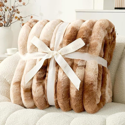 Cozy Bliss Faux Fur Throw Blanket for Couch, Cozy Warm Plush Striped Blanket for Sofa Bedroom Living Room, 90 * 90 Inches Tie-dye Brown