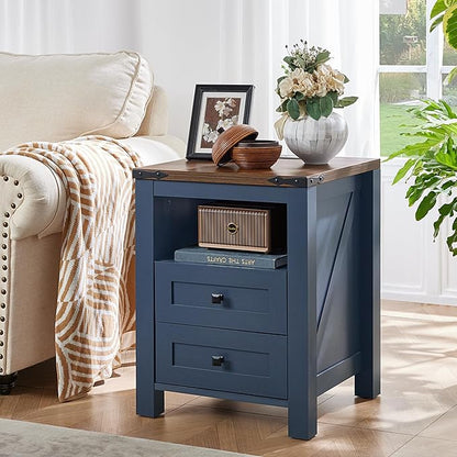 Joaxswe Nightstand with Charging Station, Farmhouse Night Stand with 2 Drawers and Shelf Storage, Blue Wooden Side End Table, Bedside Cabinet for Bedroom, Living Room, Closet,Office