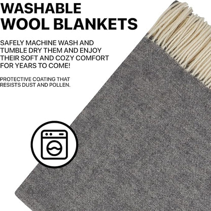| Wool Blanket/Throw | 100% New Zealand Wool | Perfect for Home and Outdoors | Virgin Wool Throw with Fringes 75"x87" (190 x 220 cm)