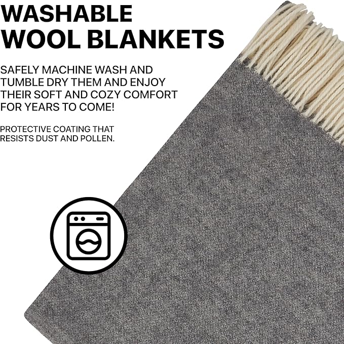 | Wool Blanket/Throw | 100% New Zealand Wool | Perfect for Home and Outdoors | Virgin Wool Throw with Fringes 67"x79" (170 x 200 cm)
