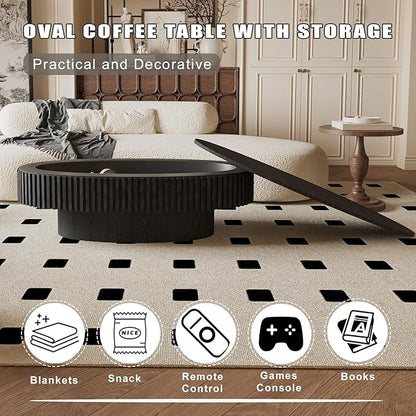 Oval Coffee Table with Storage, Modern Black Coffee Table with Solid Wood Veneered, Fluted Center Table Wood Drum Tea Table for Living Room Apartment, 47.2''L×23.6''W×14.2''H