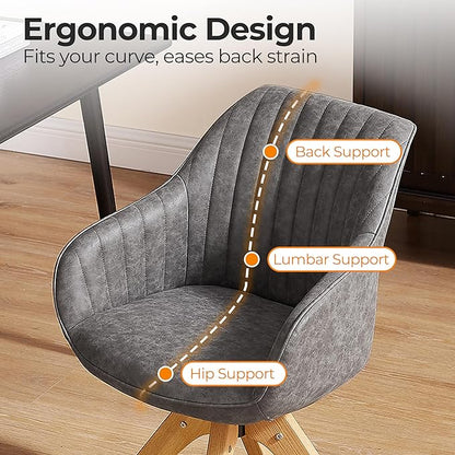 Zouron Mid Century Modern Accent Chair with Oak Wood Legs, Upholstered Swivel Chair No Wheels, Side Accent Armchair Vanity Chair for Small Space Home Office Living Room Bedroom, Gray