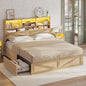 AOGLLATI Queen Bed Frame with 4 Storage Drawers and Natural Rattan 2-Tier Bookcase Hidden Headboard, Boho Led Bed Frame Queen Size with Charging Station, No Box Spring Needed, Wood