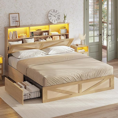 AOGLLATI Full Size Bed Frame with 4 Storage Drawers and Natural Rattan 2-Tier Bookcase Hidden Headboard, Boho Led Bed Frame Full Size with Charging Station, No Box Spring Needed, Wood