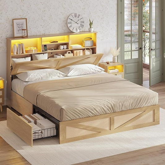AOGLLATI Full Size Bed Frame with 4 Storage Drawers and Natural Rattan 2-Tier Bookcase Hidden Headboard, Boho Led Bed Frame Full Size with Charging Station, No Box Spring Needed, Wood