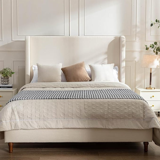 Queen Size Upholstered Bed Frame, Wingback Headboard BedframesHarper, 54" Tall Headboard Platform Beds/No Box Spring Needed/Easy Assembly/Elegant Simplicit, Beige Boucle